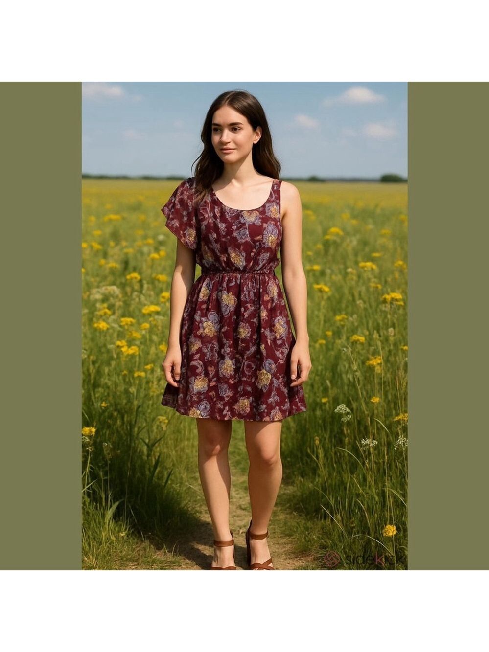 Asymmetrical Off-Shoulder Burgundy Floral Midi Dress – Size Large – NWOT